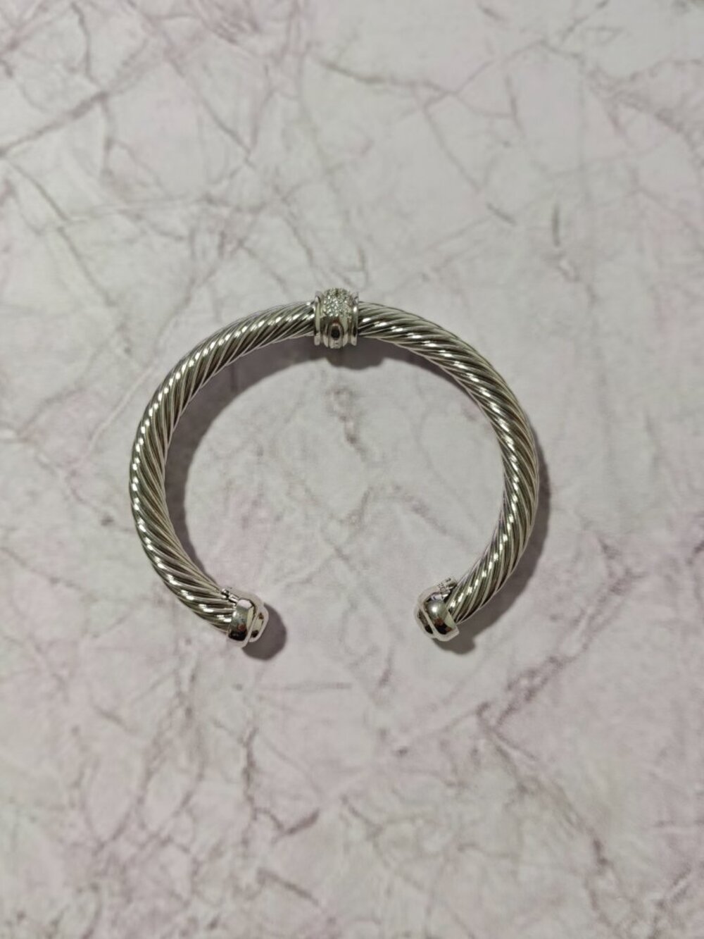 **Sterling Silver Cable Cuff Bracelet with CZ Crystal Station, Open Bangle** - Picture 3 of 7